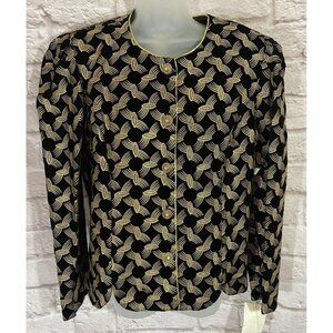 New Vintage Art Deco Velvet Blazer‎ Gold Metallic Button Front Jacket Black 9977